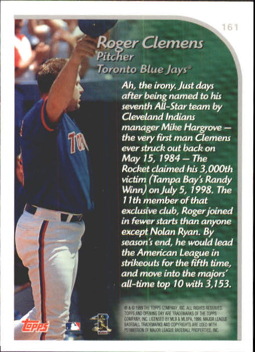 1999 Topps Opening Day #161 Roger Clemens HL back image