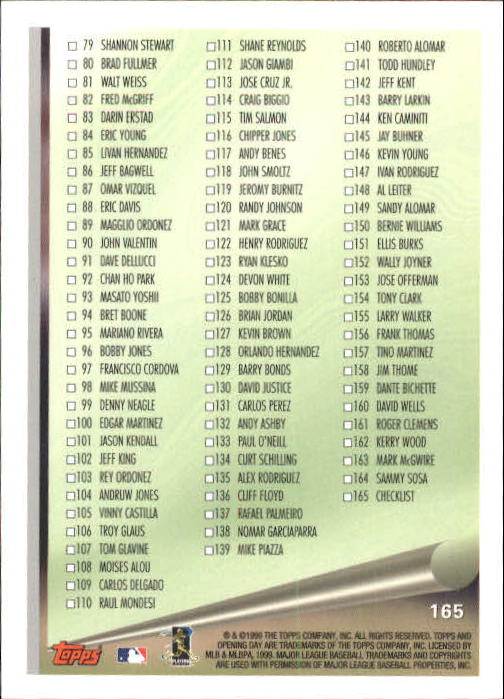 A9093- 1999 Topps Opening Day BB #s 1-165 +Inserts -You Pick- 10+ FREE US SHIP