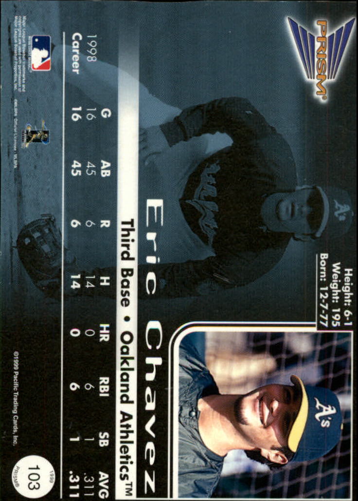 1999 Pacific Prism Holographic Blue #103 Eric Chavez back image