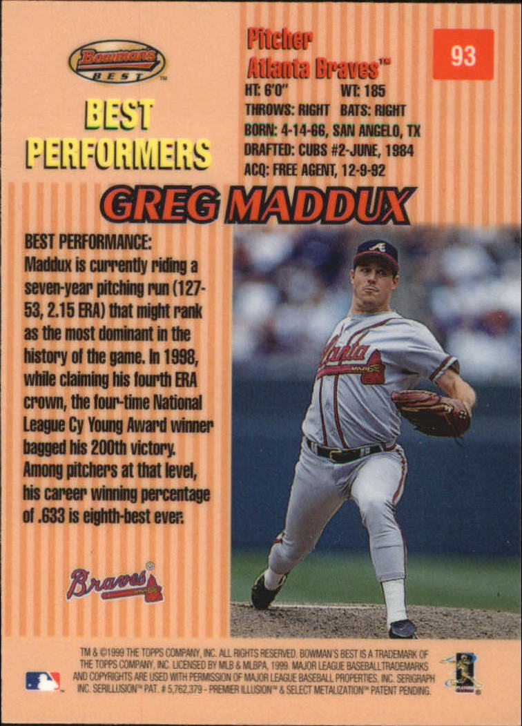 1999 Bowman's Best #93 Greg Maddux BP back image