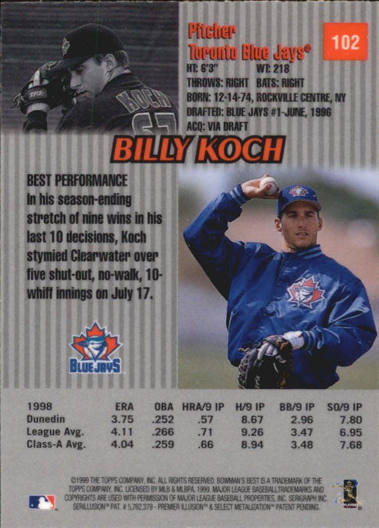 1999 Bowman's Best #102 Billy Koch back image