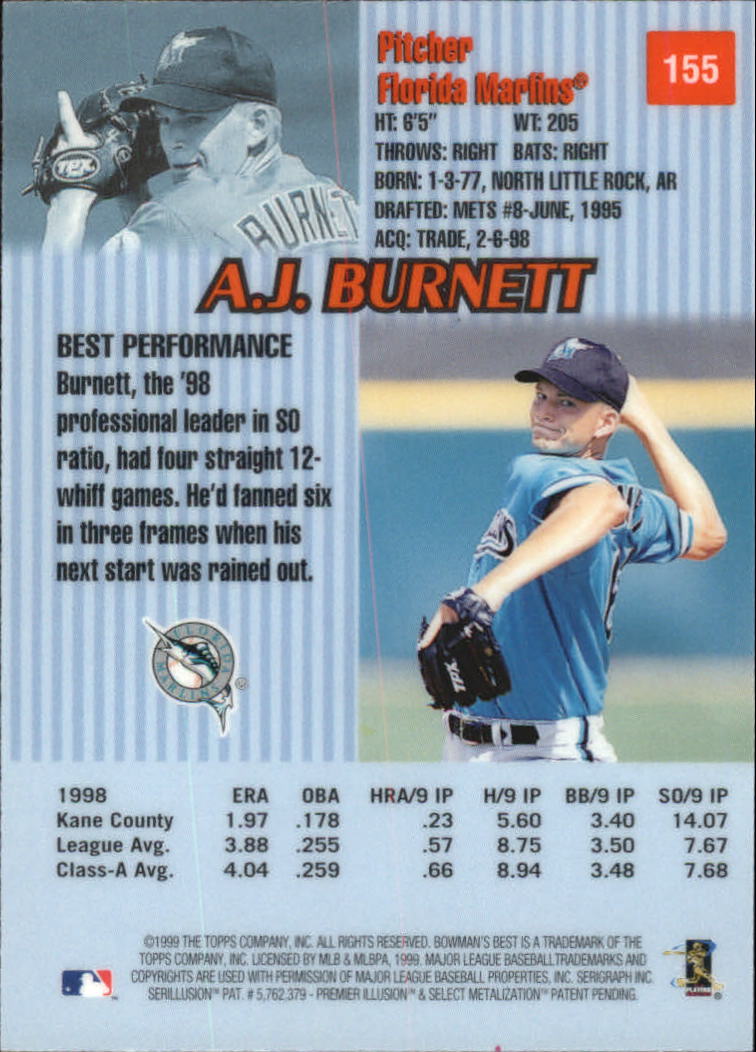 1999 Bowman's Best #155 A.J. Burnett RC back image