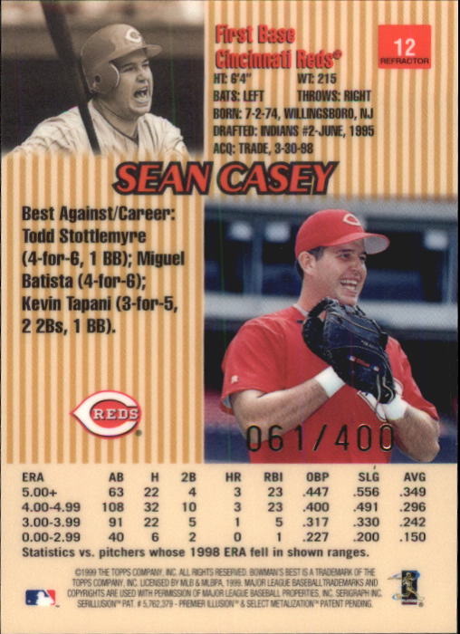 1999 Bowman's Best Refractors #12 Sean Casey back image