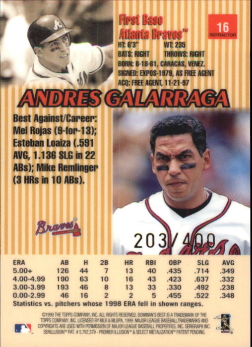 1999 Bowman's Best Refractors #16 Andres Galarraga back image