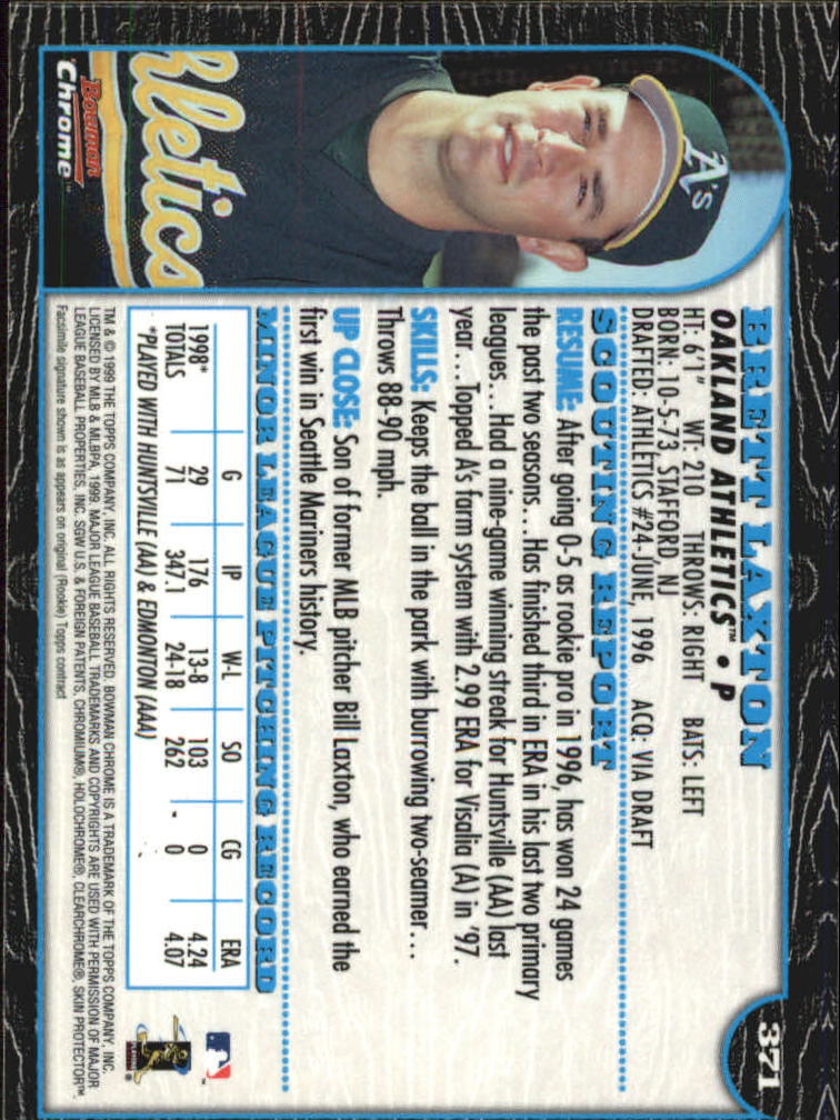 1999 Bowman Chrome #371 Brett Laxton RC back image