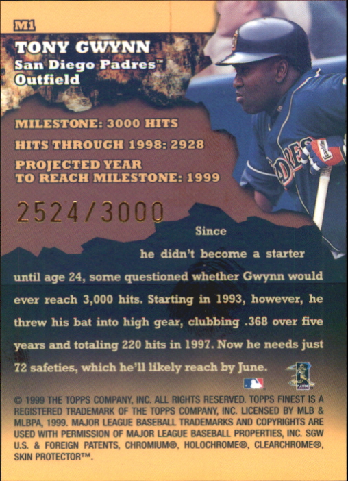 1999 Finest Milestones #M1 Tony Gwynn HIT back image