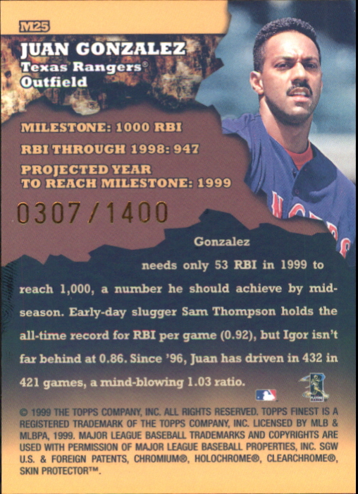1999 Finest Milestones #M25 Juan Gonzalez RBI back image