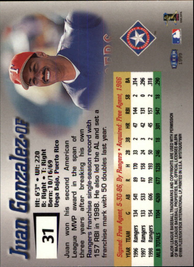 1999 Fleer Mystique #31 Juan Gonzalez SP