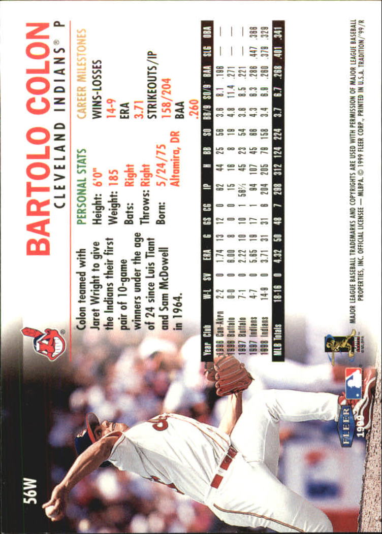 1999 Fleer Tradition Warning Track #56 Bartolo Colon back image