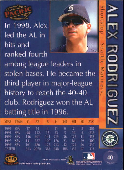 1999 Pacific #40 Alex Rodriguez * back image