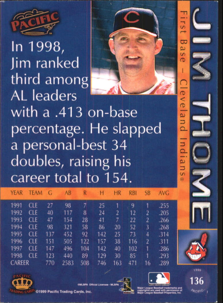 1999 Pacific #136 Jim Thome * back image