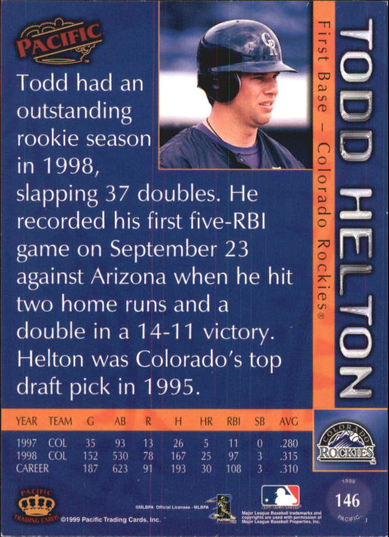 1999 Pacific #146A Todd Helton Headshot back image