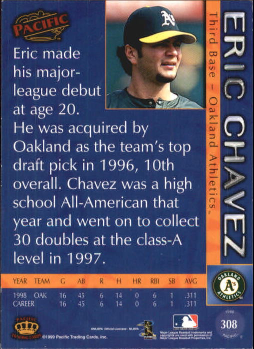 1999 Pacific #308 Eric Chavez * back image