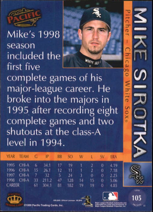 1999 Pacific Red #105 Mike Sirotka back image