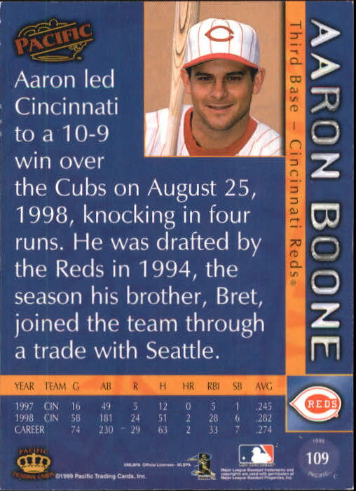 1999 Pacific Red #109 Aaron Boone back image
