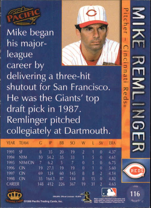 1999 Pacific Red #116 Mike Remlinger back image