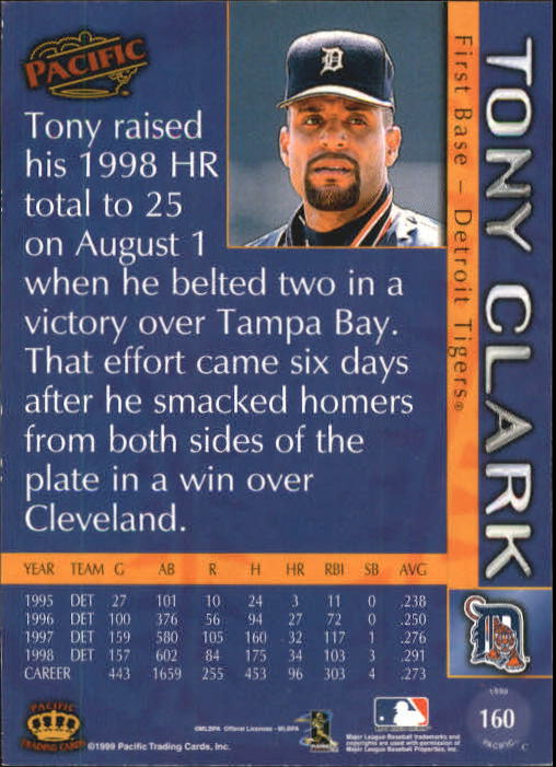 1999 Pacific Red #160 Tony Clark back image