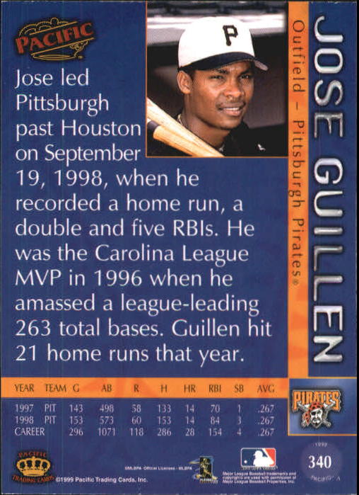 1999 Pacific Red #340 Jose Guillen back image