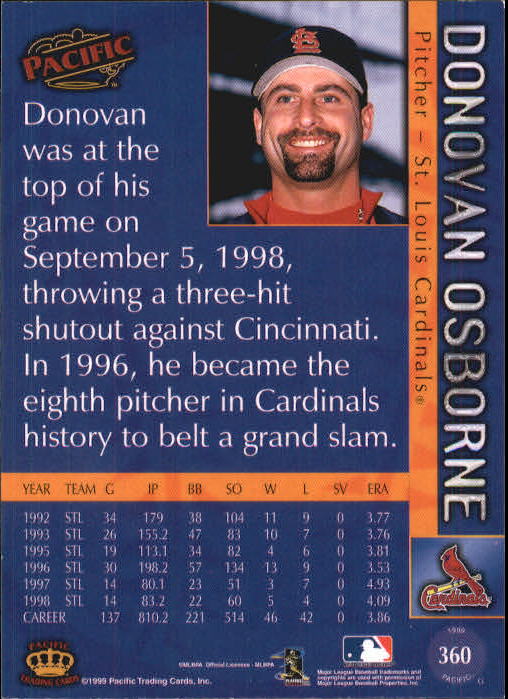 1999 Pacific Red #360 Donovan Osborne back image