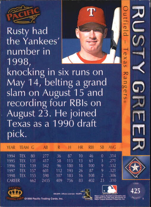 1999 Pacific Red #425 Rusty Greer back image