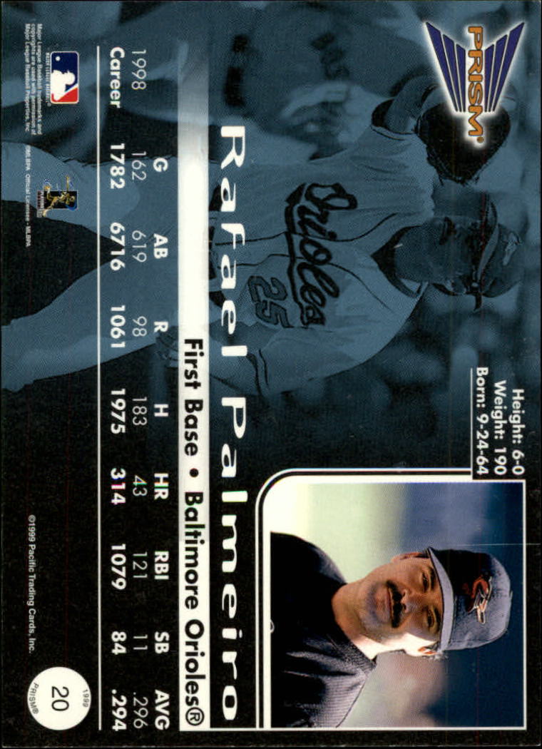 1999 Pacific Prism Holographic Gold #20 Rafael Palmeiro back image