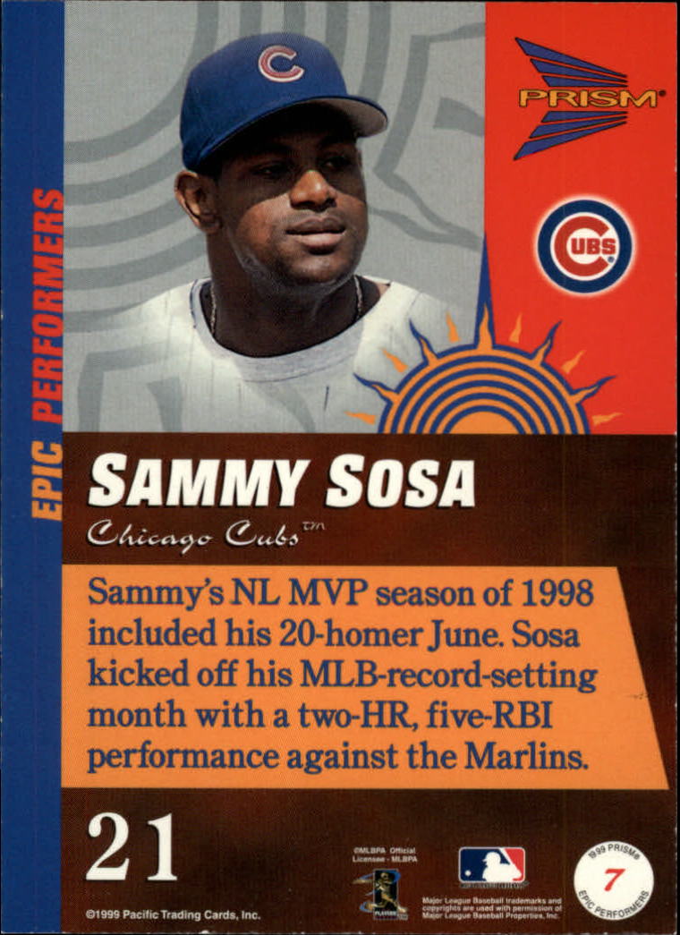 1999 Pacific Prism Epic Performers #7 Sammy Sosa back image