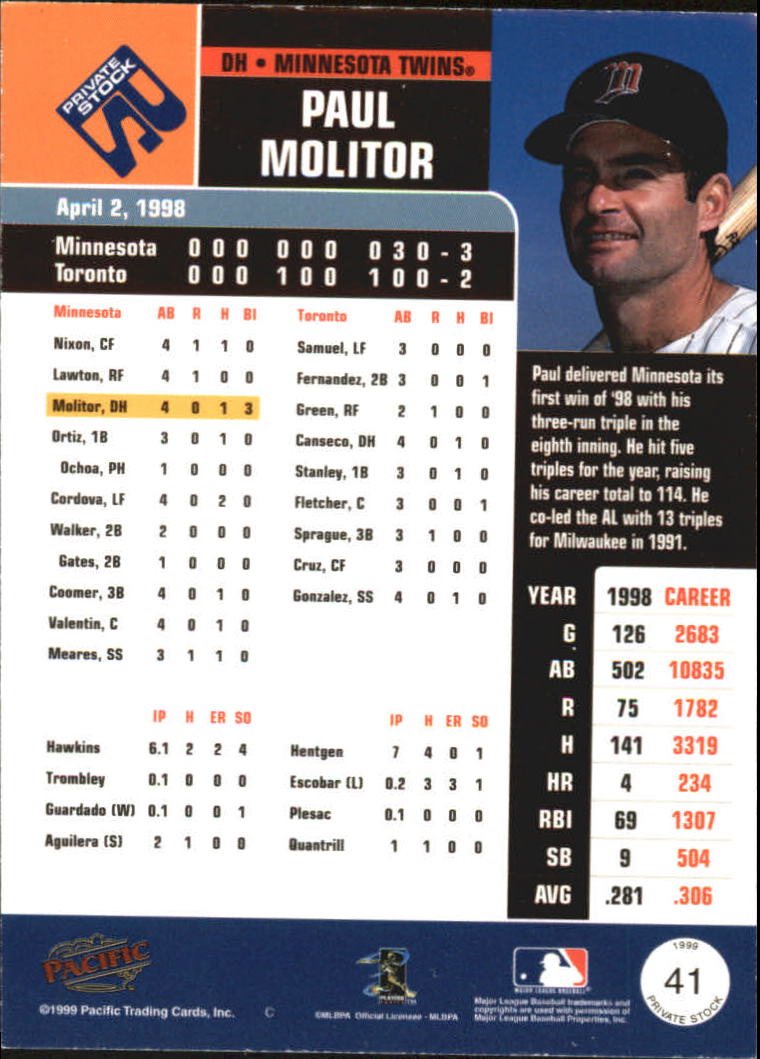 1999 Private Stock #41 Paul Molitor back image