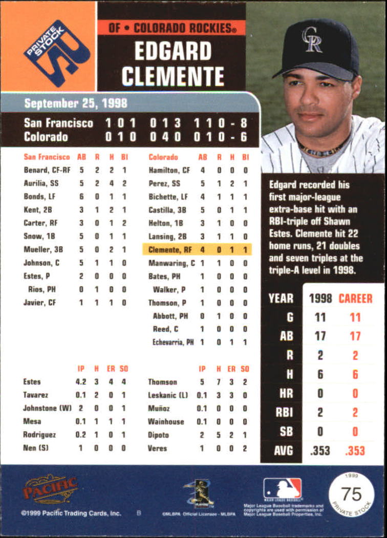 1999 Private Stock #75 Edgard Clemente back image