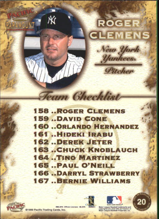 1999 Paramount Team Checklists #20 Roger Clemens back image