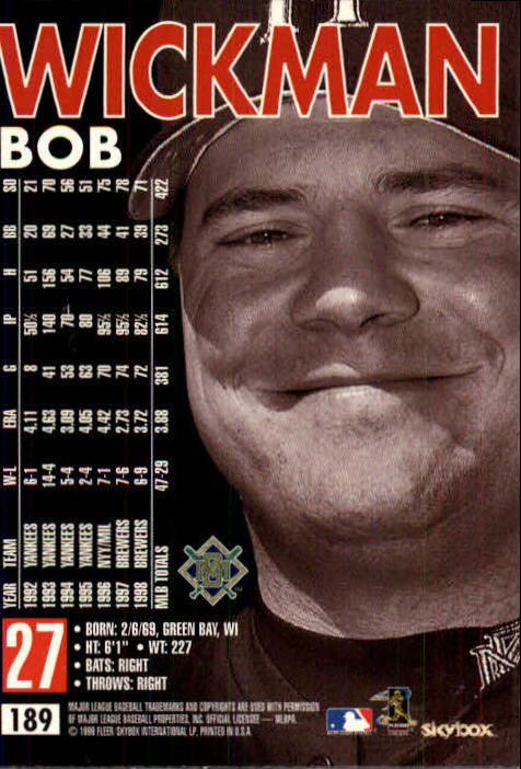 1999 SkyBox Premium #189 Bob Wickman back image