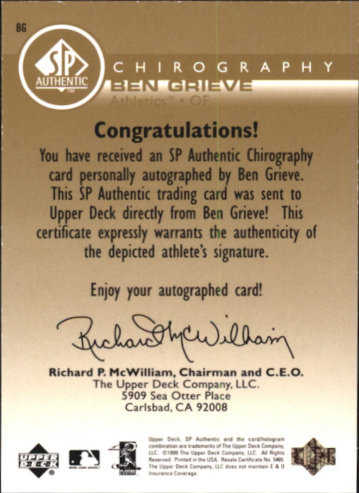 1999 SP Authentic Chirography Gold #BG Ben Grieve/14 back image