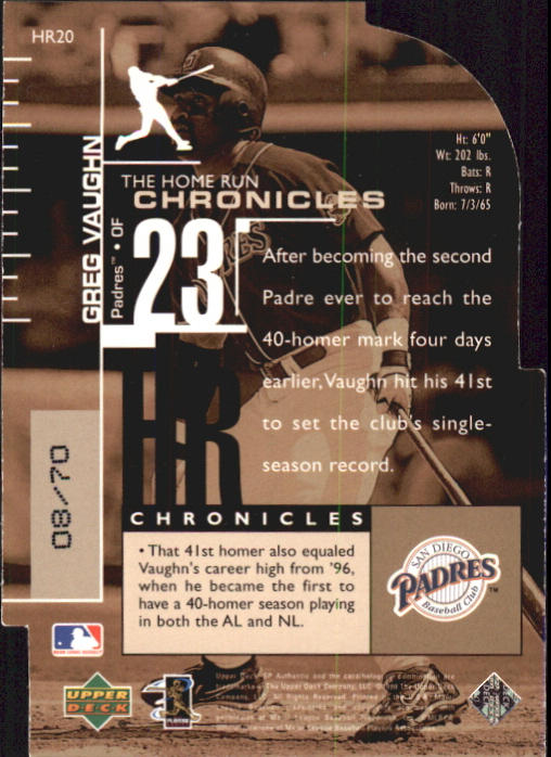 1999 SP Authentic Home Run Chronicles #HR20 Greg Vaughn back image