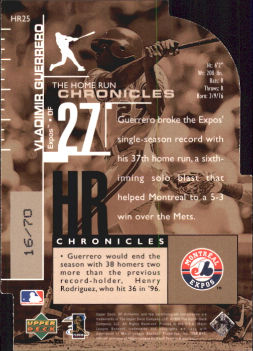 1999 SP Authentic Home Run Chronicles #HR25 Vladimir Guerrero back image