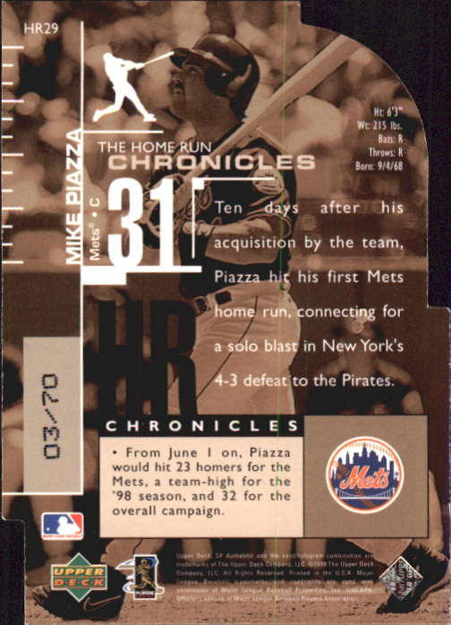 1999 SP Authentic Home Run Chronicles #HR29 Mike Piazza back image