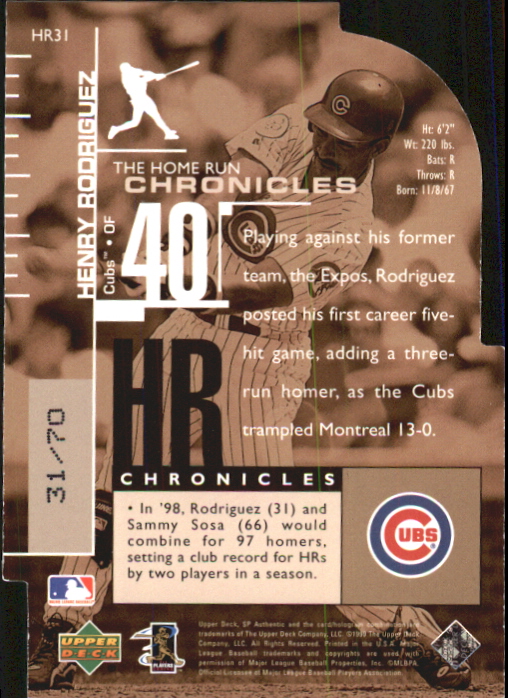 1999 SP Authentic Home Run Chronicles #HR31 Henry Rodriguez back image