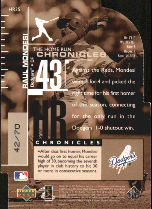 1999 SP Authentic Home Run Chronicles #HR35 Raul Mondesi back image