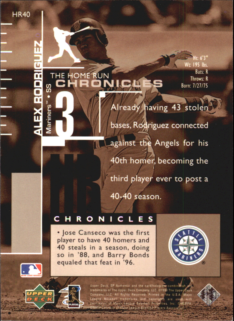 1999 SP Authentic Home Run Chronicles #HR40 Alex Rodriguez back image