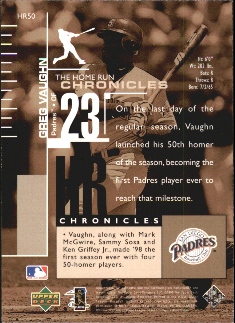 1999 SP Authentic Home Run Chronicles #HR50 Greg Vaughn back image