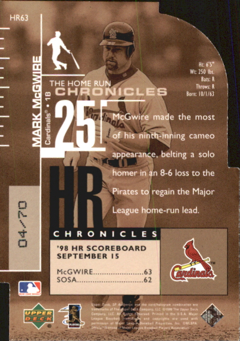 1999 SP Authentic Home Run Chronicles #HR63 Mark McGwire back image