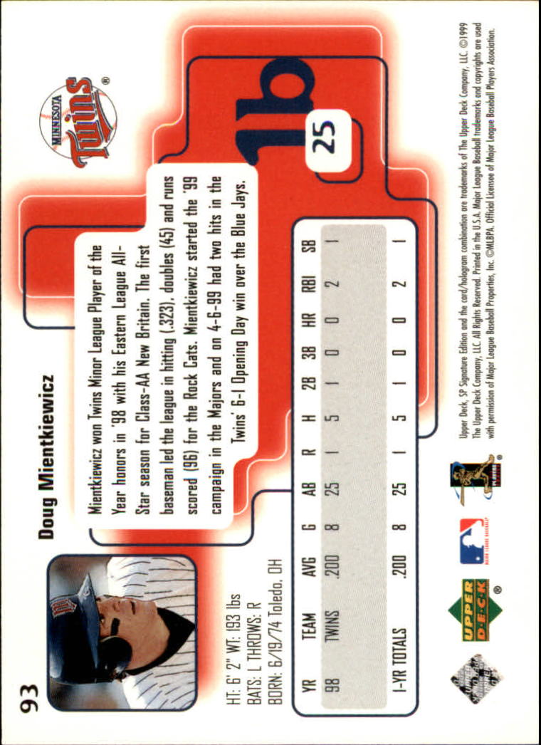 1999 SP Signature #93 Doug Mientkiewicz RC back image