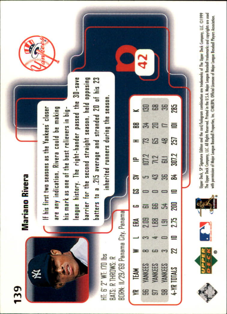 1999 SP Signature #139 Mariano Rivera back image