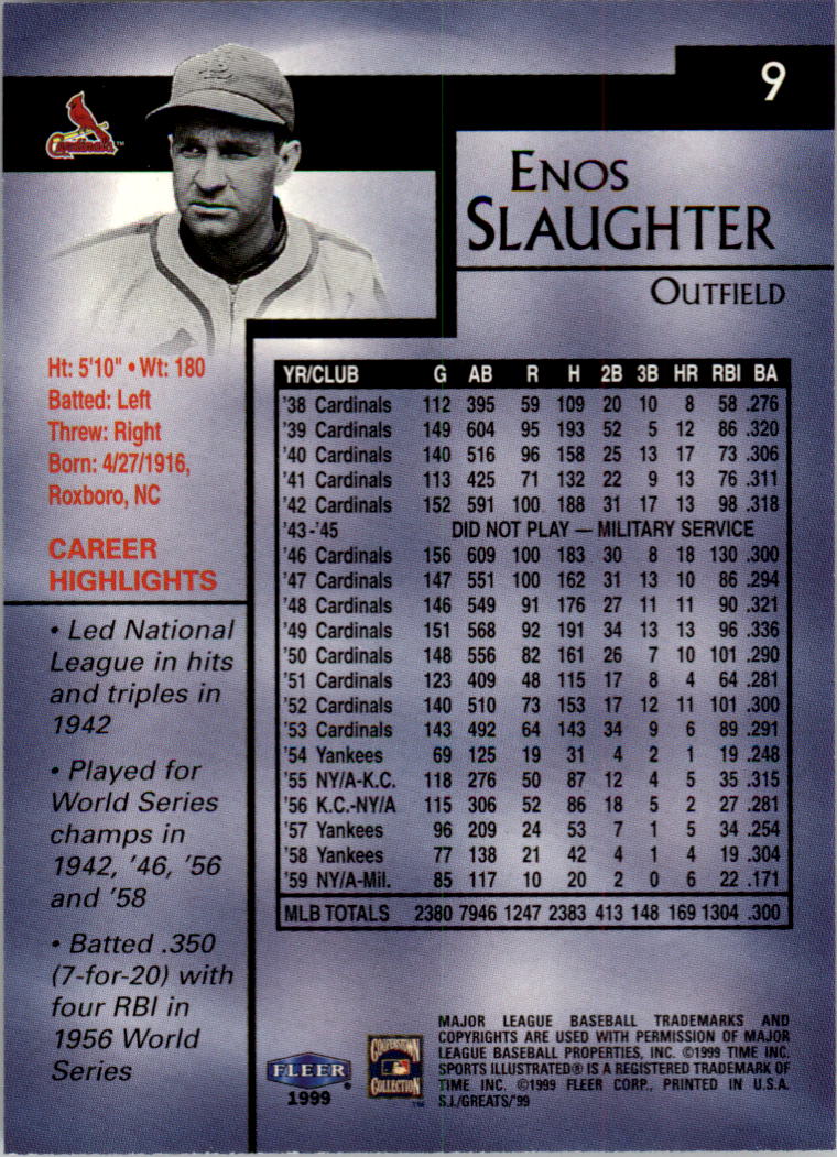 1999 Sports Illustrated Greats of the Game #9 Enos Slaughter back image