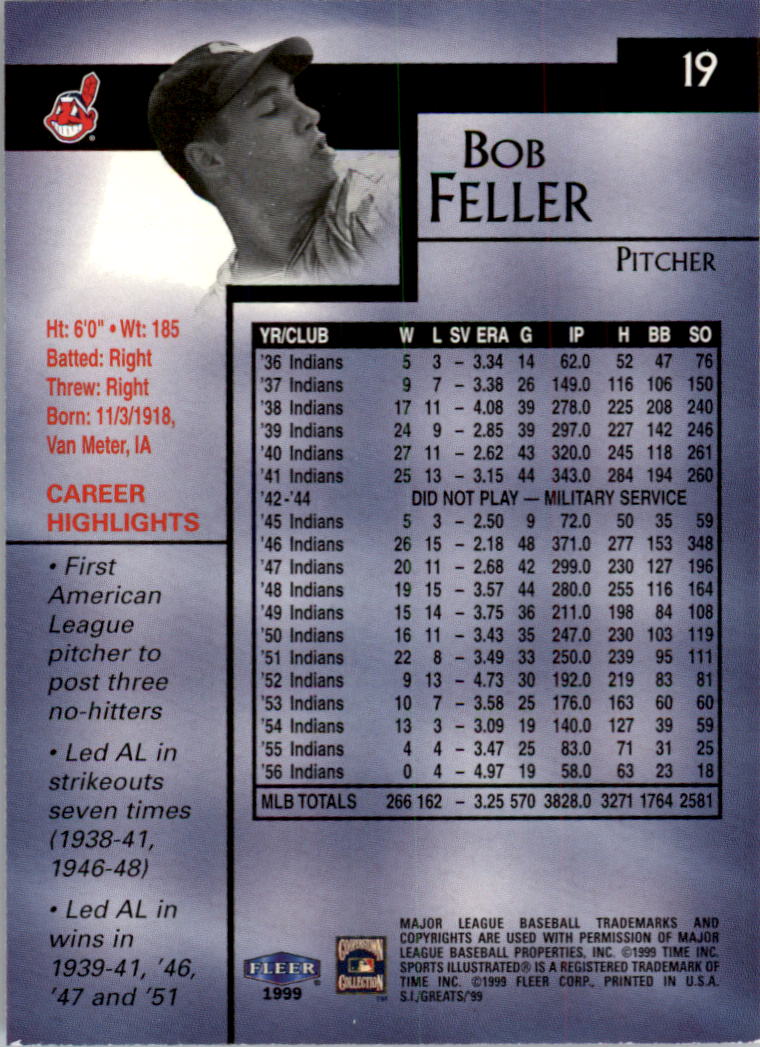 1999 Sports Illustrated Greats of the Game #19 Bob Feller back image