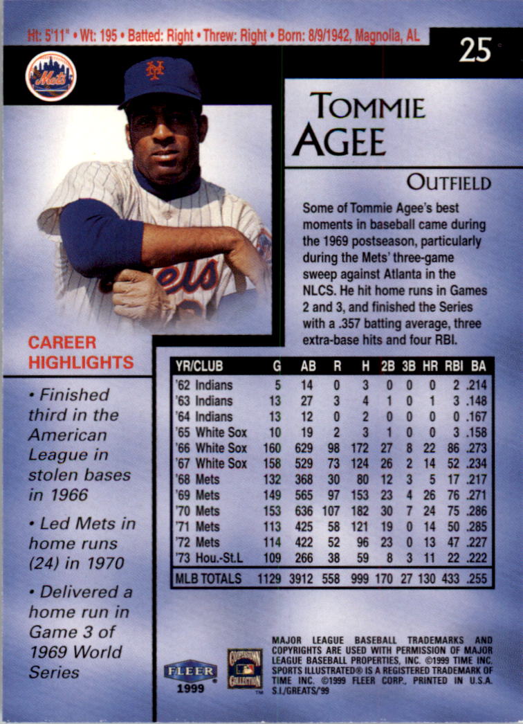 1999 Sports Illustrated Greats of the Game #25 Tommie Agee back image