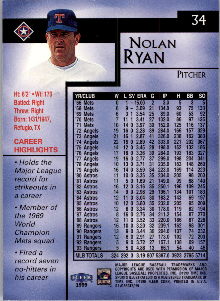 1999 Sports Illustrated Greats of the Game #34 Nolan Ryan back image