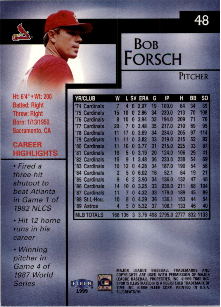 1999 Sports Illustrated Greats of the Game #48 Bob Forsch back image