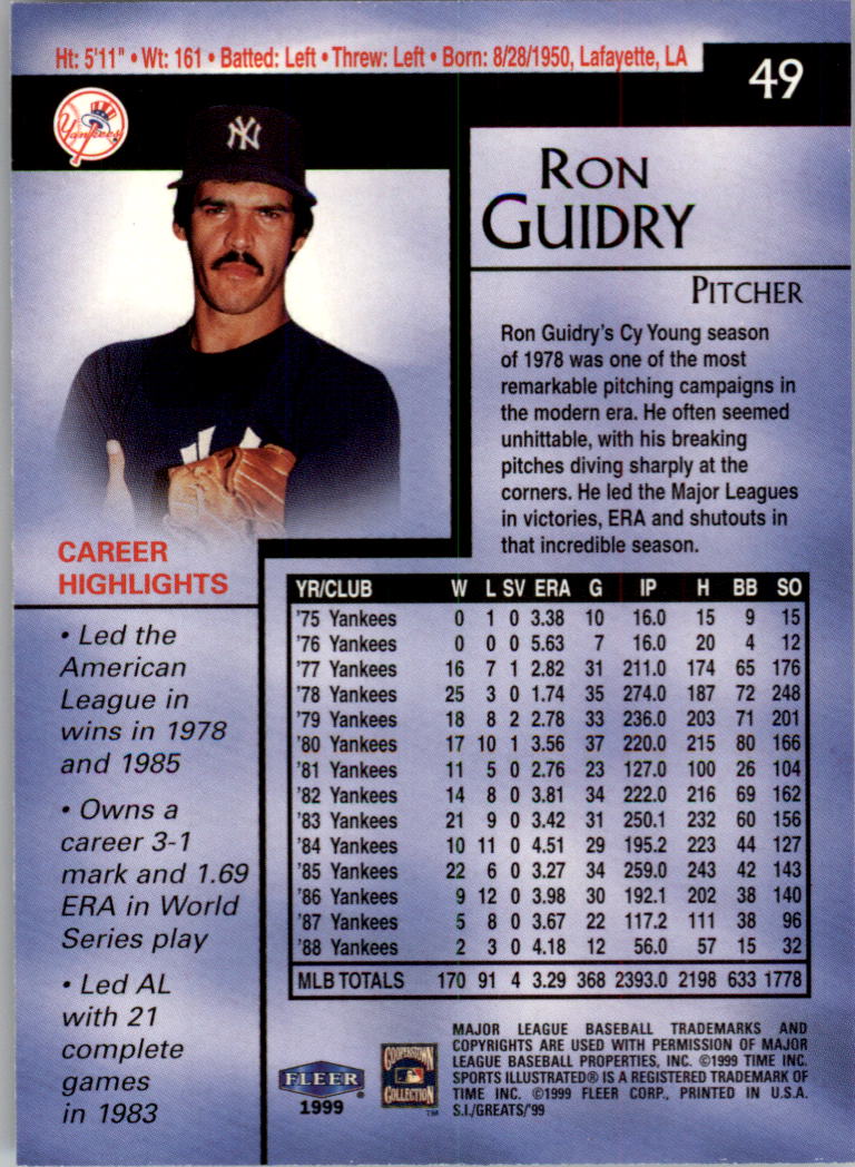 1999 Sports Illustrated Greats of the Game #49 Ron Guidry back image
