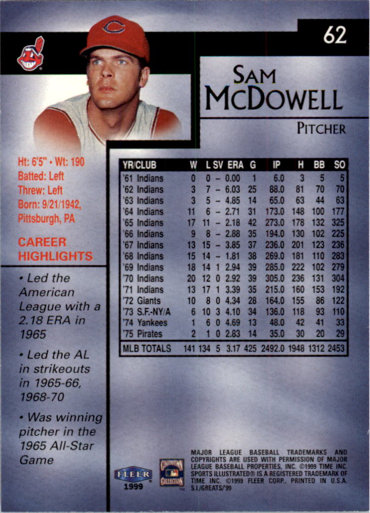 1999 Sports Illustrated Greats of the Game #62 Sam McDowell back image