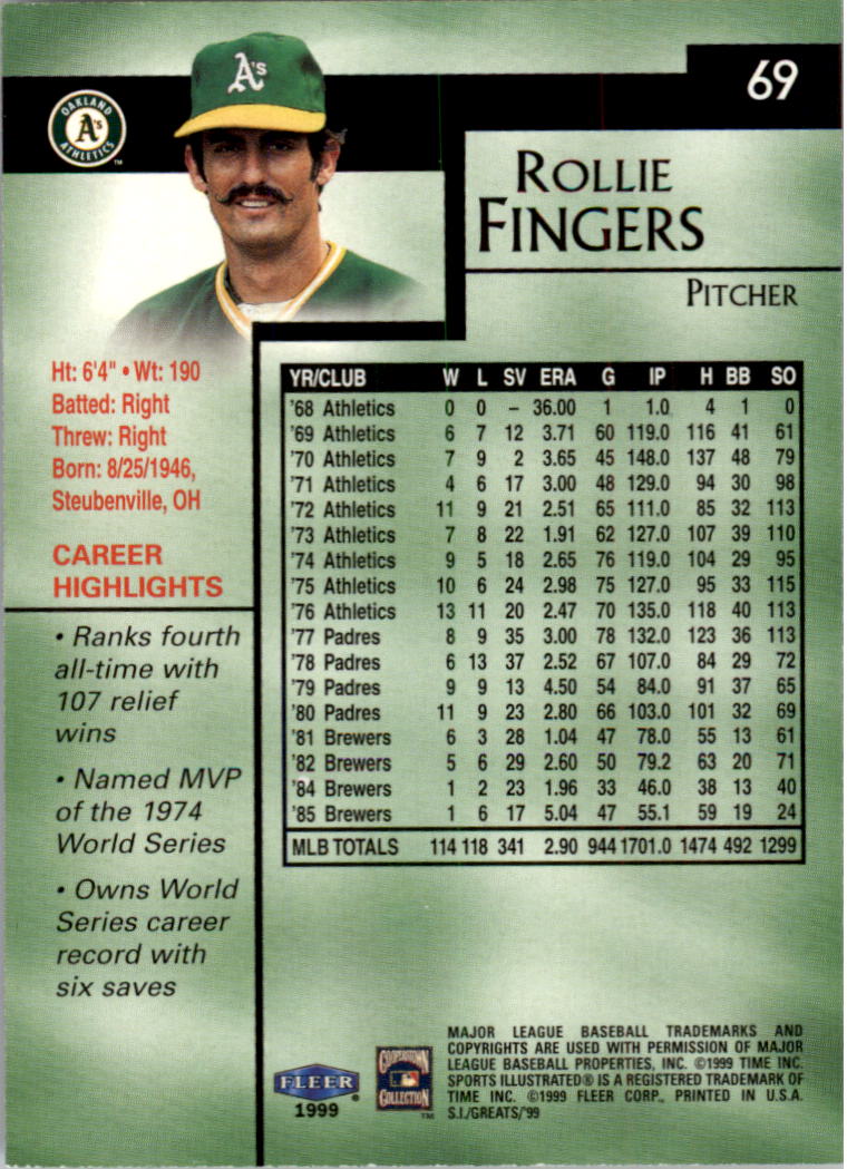 1999 Sports Illustrated Greats of the Game #69 Rollie Fingers back image