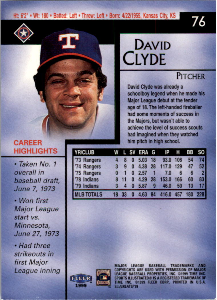 1999 Sports Illustrated Greats of the Game #76 David Clyde back image